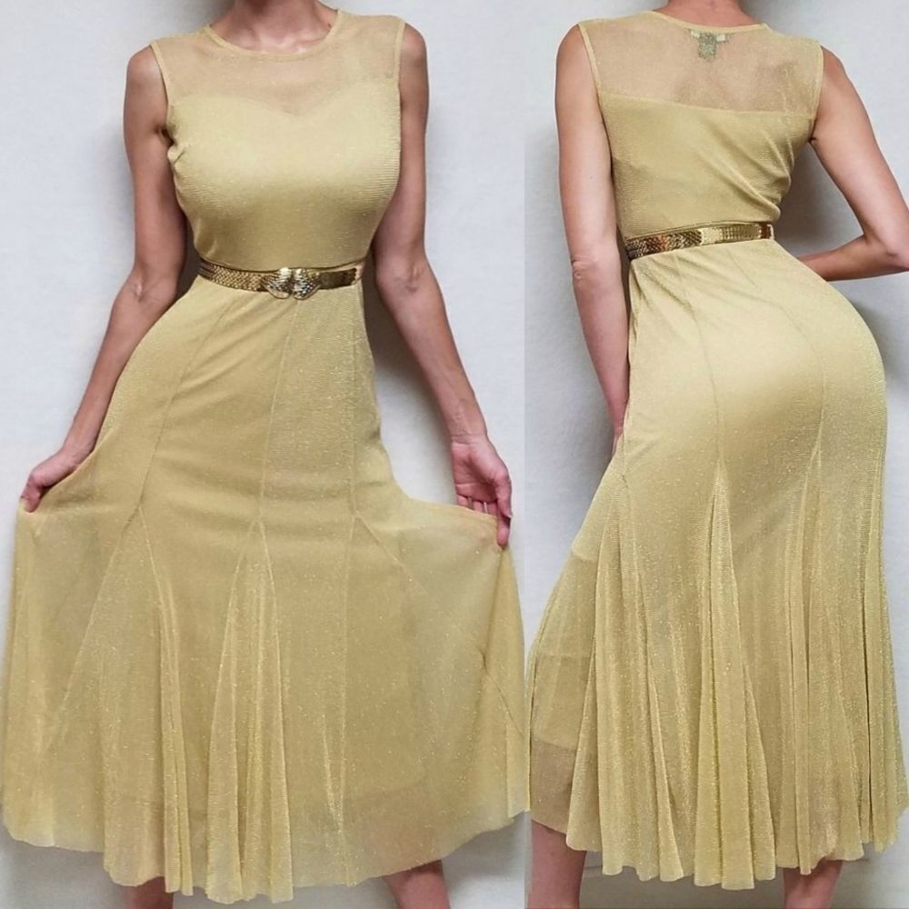 VINTAGE Candalite Metallic Gold Mermaid Scale Heart Belted Mesh Mermaid Dress